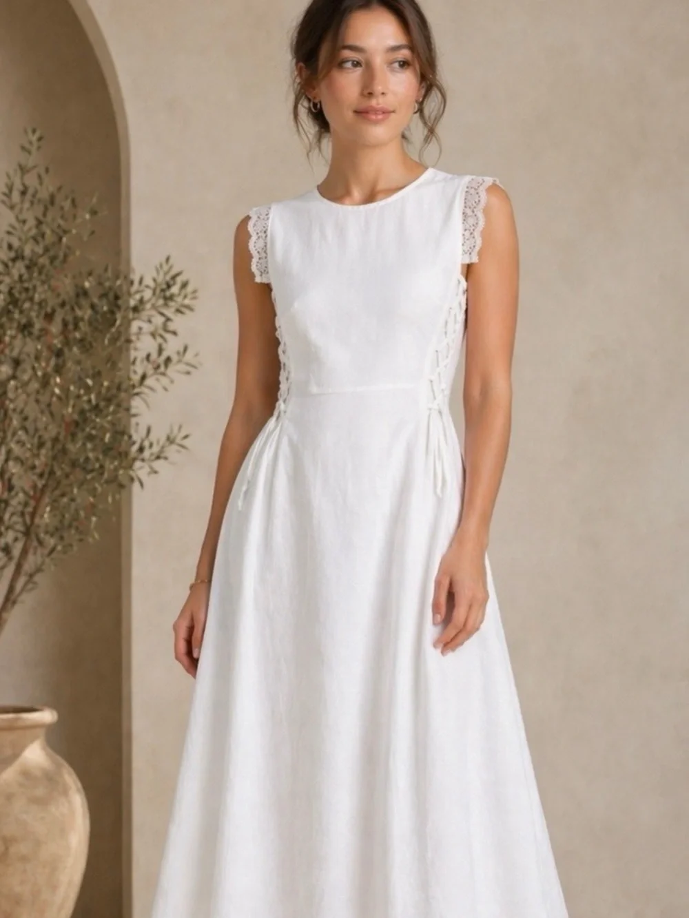Sleeveless White Midi Dress with Lace-Trim Details #177